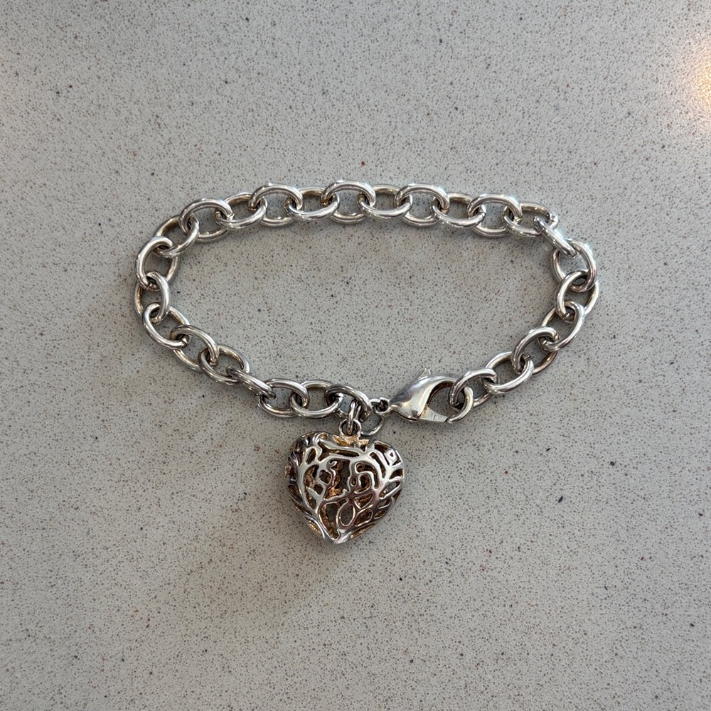 Sterling Silver 925 Chunky Silver Floral Leafy Nature Heart Charm Bracelet